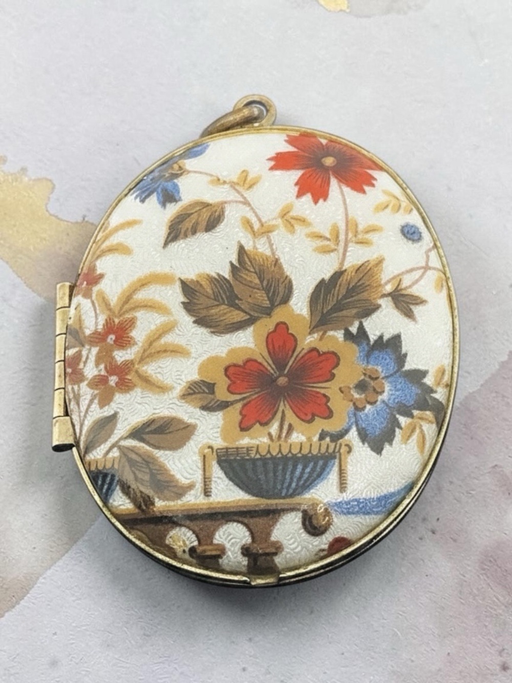 Vintage Guilloché Enamel Locket Pendant, Oval Scattered Floral Design